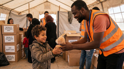 World Refugee Day volunteer distributing toys to toddler boy joyful compassionate humanitarian aid support for awareness campaign promotional charity design