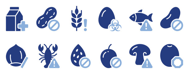 Fototapeta premium Food allergy icons. Allergen warning symbols. Flat style collection.