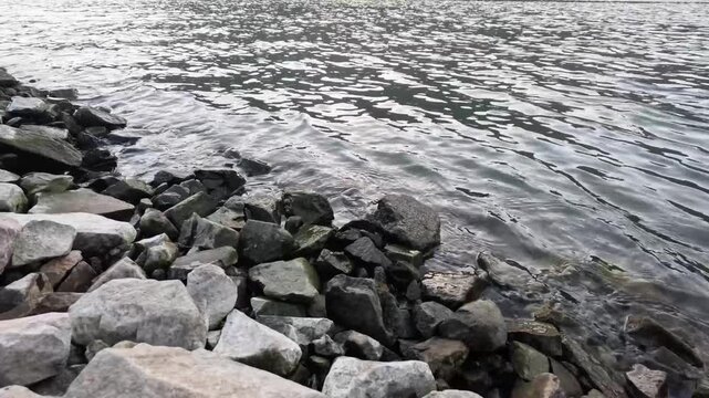 Smooth gray rocks meet the shoreline