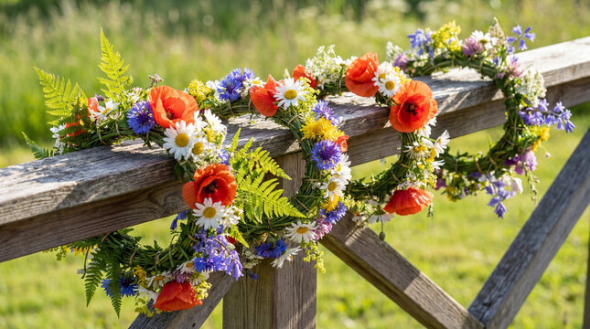 Nordic Midsummer deck railing with flower wreath decoration for greeting card poster social media summer festival celebration holiday advertising garden inspiration content
