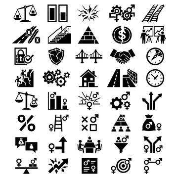 Gender pay gap and corporate workplace equity geometric vector icons pack