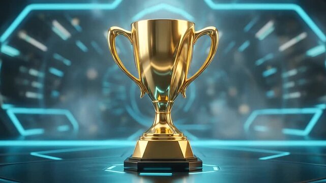 Digital futuristic trophy presentation showcasing victory and achievement in a high-tech environment