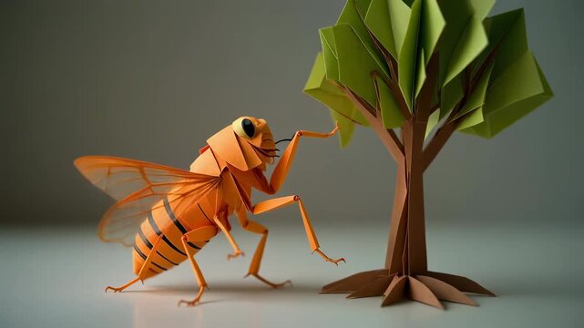 Origami Bee and Paper Tree Art 4K Generative AI