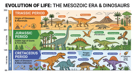 Mesozoic Era Dinosaur Evolution Timeline: Triassic, Jurassic, Cretaceous Periods © aa