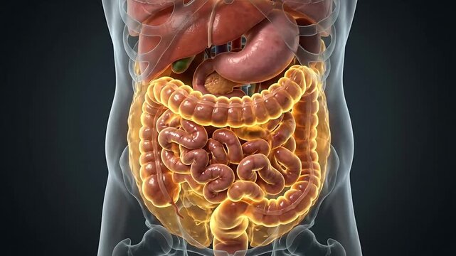 Detailed visualization of human digestive system showing intestines and organs in sequence