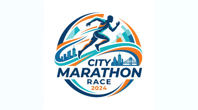 City Marathon Race 2024 Logo: Runner Silhouette, Skyline, Bridge, Dynamic Motion