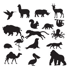Obraz premium Exotic Wildlife Animal Silhouette Collection Isolated on White Background Vector Set