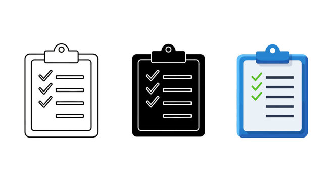 Clipboard icons, checklist symbols, task list vectors, office supplies