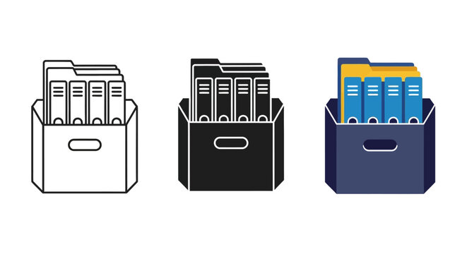 File organizer icons, document storage boxes, office supplies, vector graphics