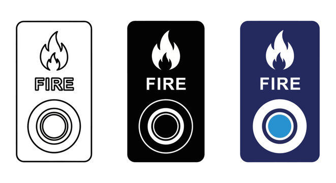 Fire alarm buttons, emergency icons, fire safety symbols, warning signs