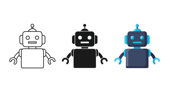 Robot icons, vector robots, black and white illustrations, blue accents, technology symbols