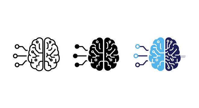 Brain, human mind, neural, intelligence icons, 3 styles, black, blue, vector illustrations