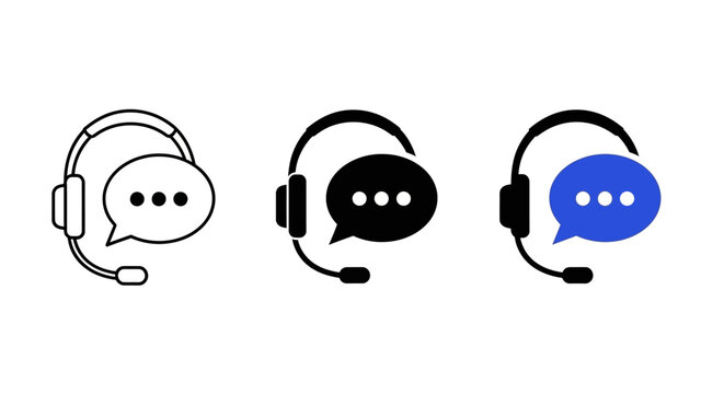 Customer service, call center, support icons, headset symbols, chat signs