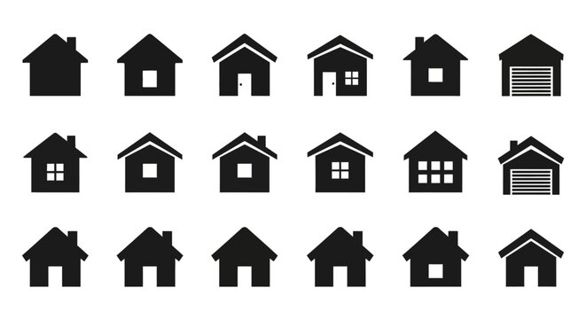 House icons, black silhouette home symbols, 20 house shapes, vector illustration, architecture elements