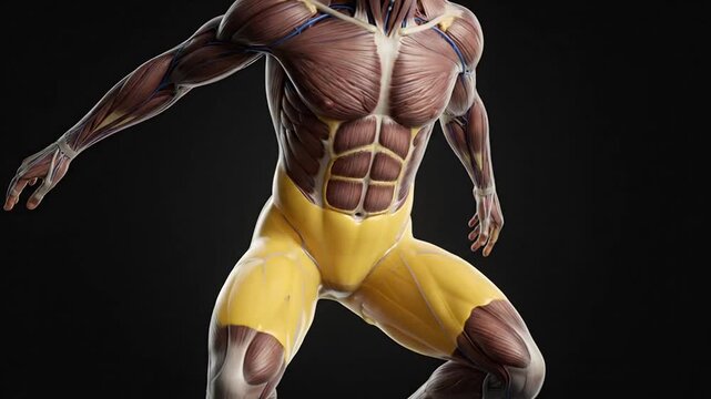 Detailed visualization of human muscular anatomy in dynamic poses demonstrating muscle structure and movement for educational