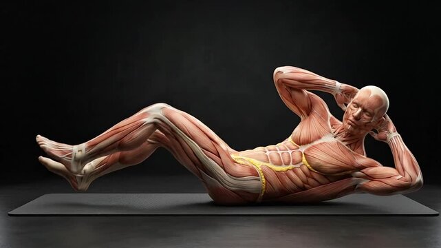 Detailed illustration of a human body demonstrating various abdominal and core exercises in a sequence on a black background