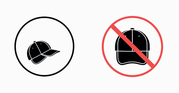 warning no hat sign and symbol graphic design vector illustration, no cap allowed prohibition symbols, dress code restriction signage set, modern doodle flat outline style warning icon collection.