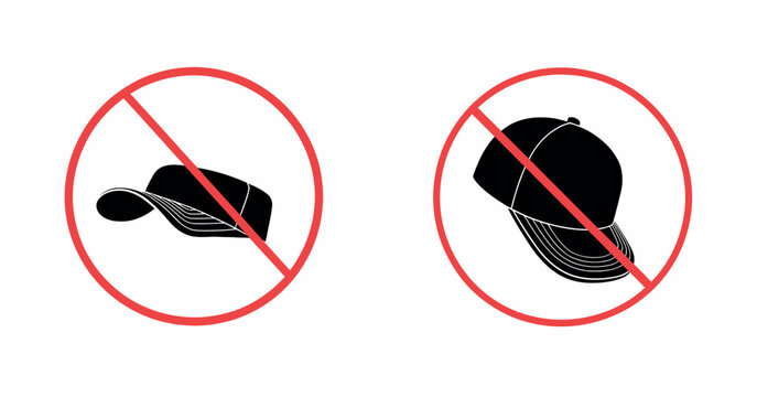 warning no hat sign and symbol graphic design vector illustration, headwear prohibition icon set, restricted clothing warning signage collection, clean flat and line stroke safety symbol design system