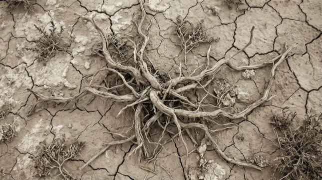 Exposed root system of halophyte plant cracked soil, showcasing resilience harsh conditions