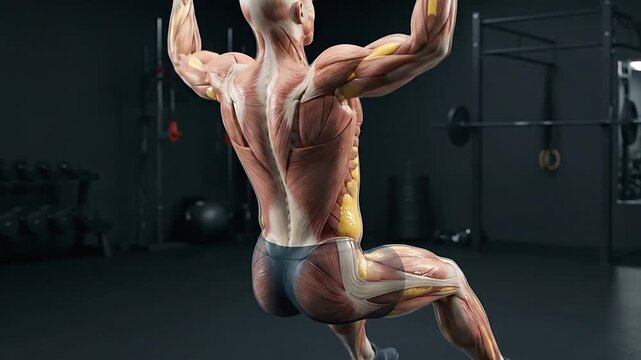 Dynamic muscular workout of a bodybuilder performing bicep curls and pull-ups in a dimly lit gym emphasizing strength and muscle