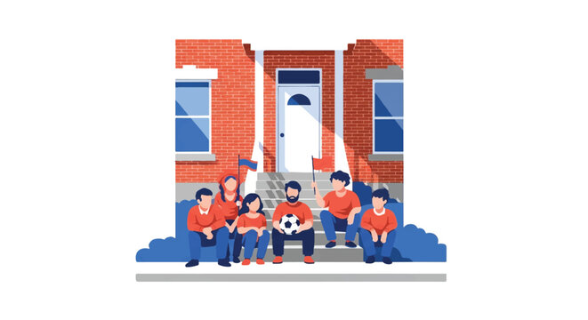 A group of neighbors sitting on the steps of a minimalist brownstone house, holding a soccer ball and a small flag. Soft morning light, neighborhood mood. Palette of white, brick-red, and blue.