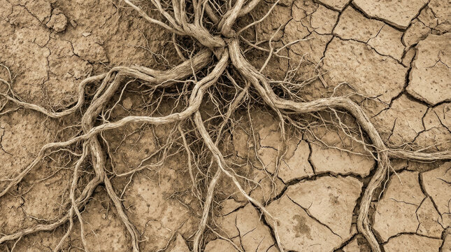 Exposed root system of halophyte plant on dry cracked soil, showcasing resilience and adaptation