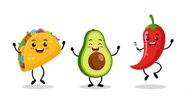 Funny animated cartoon Mexican food characters taco avocado and chili pepper jumping and dancing.