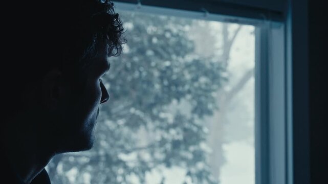 Close-up of man's face in dark profile beside a window with snowy trees outside.