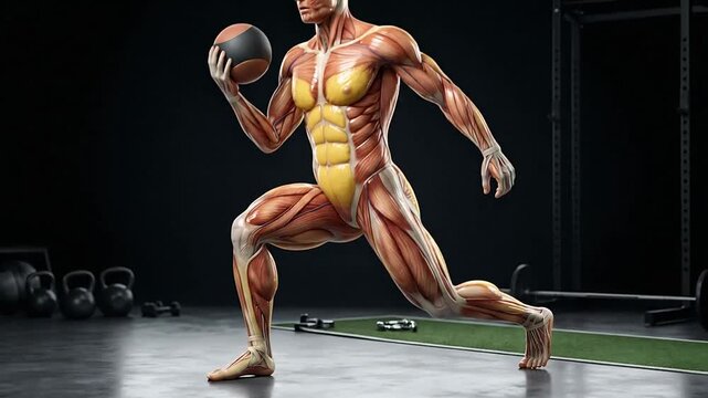 Dynamic muscular human anatomy workout sequence illustrating strength and agility in a gym setting
