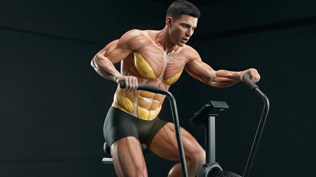 Dynamic male fitness model demonstrating intense workout routines on a stationary exercise bike