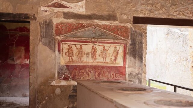 Pompeii thermopolium interior with red fresco figures above a serving counter, circular dolia openings, ancient plaster walls, and warm daylight.