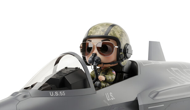 Cute 3D Chibi American Soldier Pilot in Fighter Jet Cockpit