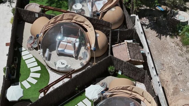 Aerial view of glamping pods in Cazorla, offering a unique luxury outdoor accommodation experience.