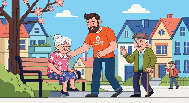 Community helper assisting elderly couple with neighborly care in suburban street