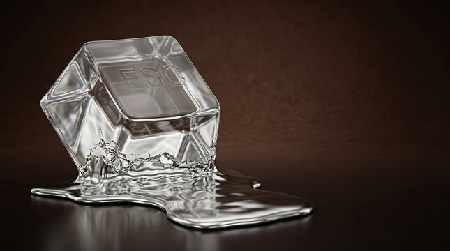 Business exit strategy and crisis management concept. Minimalist transparent glass ESC key melting into shiny liquid metal over a dark background.