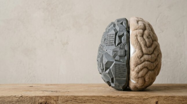 Human intelligence and artificial intelligence dual concept. Minimalist brain sculpture with one side in binary concrete and the other in warm organic felt fiber over a neutral background.