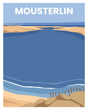 Beach view with rocks and sea, summer vacation. Vector illustration landscape background.
