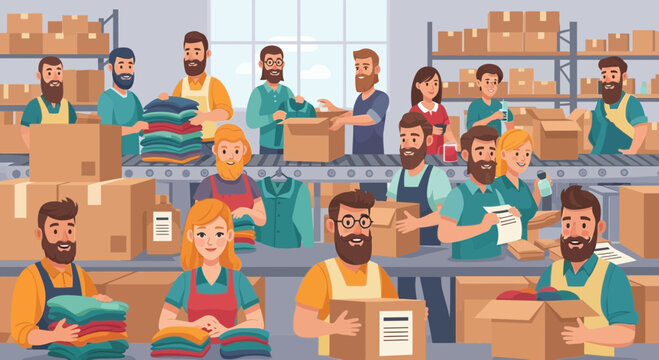 Diverse warehouse team working on conveyor belt, packing orders efficiently