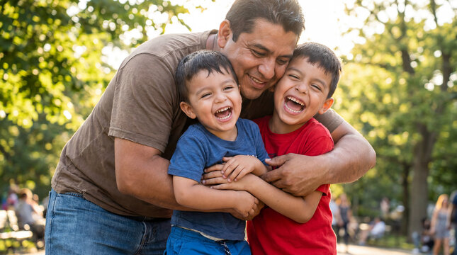 Father's Day dad hugging two sons joyful laughter for family celebration campaign poster social media content greeting card promotional material