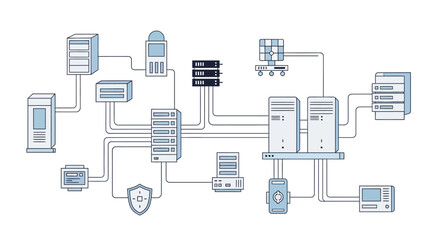 Network diagram illustration of servers, computers, and connected devices © Zakil