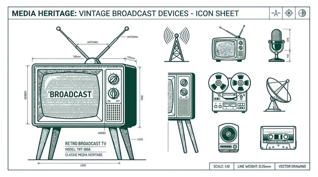 Vintage Broadcast Technology Icons: Retro TV, Microphone, Reel-to-Reel, Cassette
