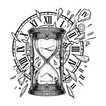 Detailed black and white broken hourglass with shattered clock face vector illustration.