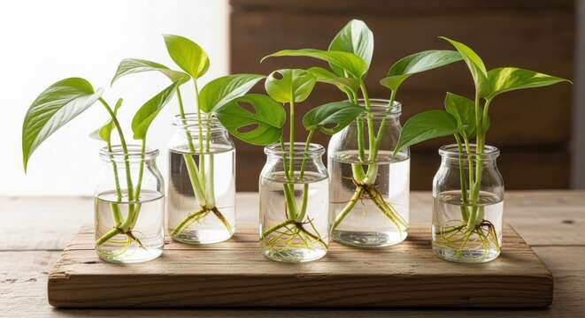 Green plant cuttings with developing roots in glass jars on a wooden surface, showcasing propagation