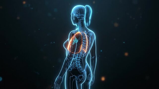 Dynamic visualization of female biomechanical interior highlighting neural and skeletal systems for educational and scientific