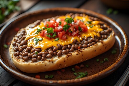 mexican molletes topped with pico de gallo, refried beans and cheese