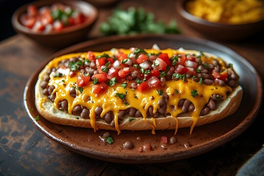 mexican molletes topped with pico de gallo, refried beans and cheese