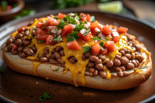 mexican molletes topped with pico de gallo, refried beans and cheese
