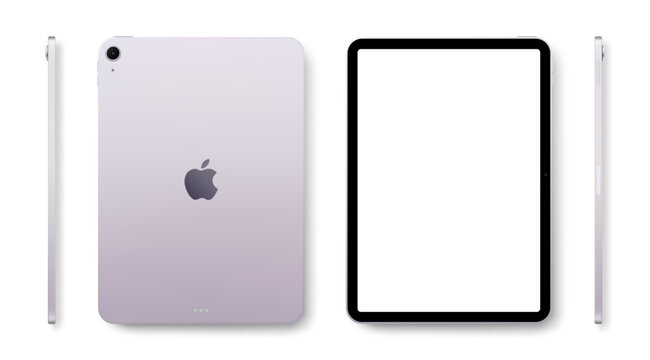 Photorealistic detailed Apple iPad Air M4 11 inches 2026 Purple mockup. Real dimentions. Front, rear and side views isolated on white background with shadows. Vector editorial illustration