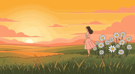 Fototapeta premium Girl Standing in Field of Flowers at Sunset Peaceful Scenery