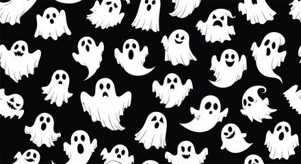 Obraz premium Playful seamless pattern of various white cartoon ghost silhouettes with different facial expressions over a dark black background for halloween.